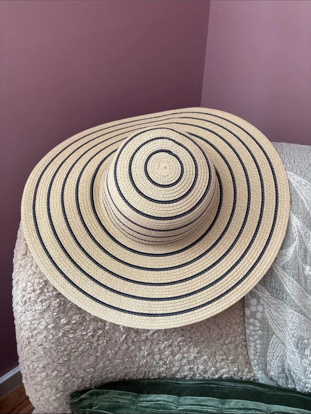 J. Crew Wide-Brim Straw Sun Hat - Beige with Navy Stripes